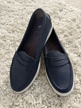 Cole Haan Navy Leather Slip-On Penny Loafers with White Sole